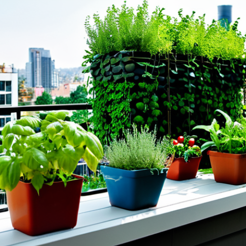Home 11 A vibrant, lush urban balcony garden teeming with diverse, healthy green plants. The space is efficiently utilized with vertical planters displaying leafy greens, hanging baskets overflowing with small red cherry tomatoes, and various pots holding aromatic herbs like basil and rosemary. In the background, a modern cityscape is softly blurred, emphasizing the urban setting. The image should feature professional photography, high quality, natural lighting, sharp focus, rich colors, perfect anatomy, correct proportions, and a natural arrangement. safe for work, appropriate content, fully clothed, modest, family-friendly.