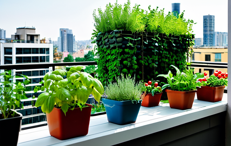 A vibrant, lush urban balcony garden teeming with diverse, healthy green plants. The space is efficiently utilized with vertical planters displaying leafy greens, hanging baskets overflowing with small red cherry tomatoes, and various pots holding aromatic herbs like basil and rosemary. In the background, a modern cityscape is softly blurred, emphasizing the urban setting. The image should feature professional photography, high quality, natural lighting, sharp focus, rich colors, perfect anatomy, correct proportions, and a natural arrangement. safe for work, appropriate content, fully clothed, modest, family-friendly.