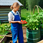 Efficient Rainwater Harvesting**

A well-maintained dacha garden in the Russian countryside. A large, dark green barrel is connected to the roof gutter via a simple system. Lush green vegetable plants (tomatoes, cucumbers) are thriving nearby, being watered with a watering can from the barrel. The scene depicts a sunny day. The person is dressed in work clothes. safe for work, appropriate content, fully clothed, professional, modest. perfect anatomy, correct proportions, natural pose, well-formed hands, proper finger count, natural body proportions, high quality.

**