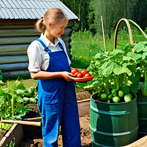 Home 6 Efficient Rainwater Harvesting**
A well-maintained dacha garden in the Russian countryside. A large, dark green barrel is connected to the roof gutter via a simple system. Lush green vegetable plants (tomatoes, cucumbers) are thriving nearby, being watered with a watering can from the barrel. The scene depicts a sunny day. The person is dressed in work clothes. safe for work, appropriate content, fully clothed, professional, modest. perfect anatomy, correct proportions, natural pose, well-formed hands, proper finger count, natural body proportions, high quality.
**