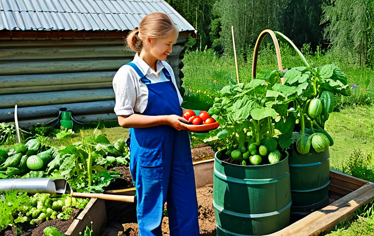 Efficient Rainwater Harvesting**

A well-maintained dacha garden in the Russian countryside. A large, dark green barrel is connected to the roof gutter via a simple system. Lush green vegetable plants (tomatoes, cucumbers) are thriving nearby, being watered with a watering can from the barrel. The scene depicts a sunny day. The person is dressed in work clothes. safe for work, appropriate content, fully clothed, professional, modest. perfect anatomy, correct proportions, natural pose, well-formed hands, proper finger count, natural body proportions, high quality.

**