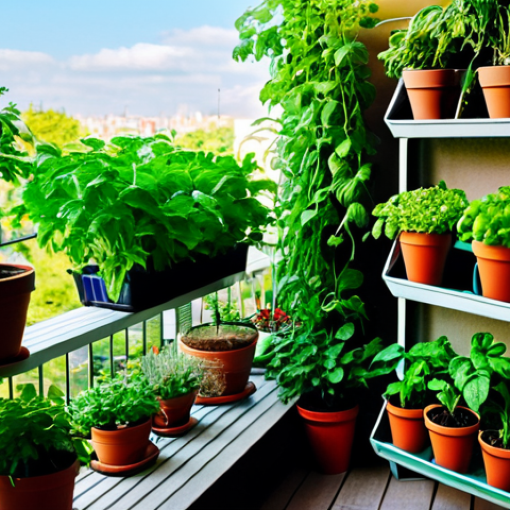 도시농업에서 자주 키우는 작물 - **

A cozy balcony urban garden filled with various potted herbs and vegetables, including tomatoes,...