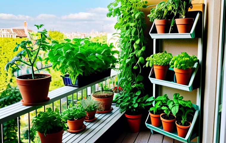 도시농업에서 자주 키우는 작물 - **

A cozy balcony urban garden filled with various potted herbs and vegetables, including tomatoes,...