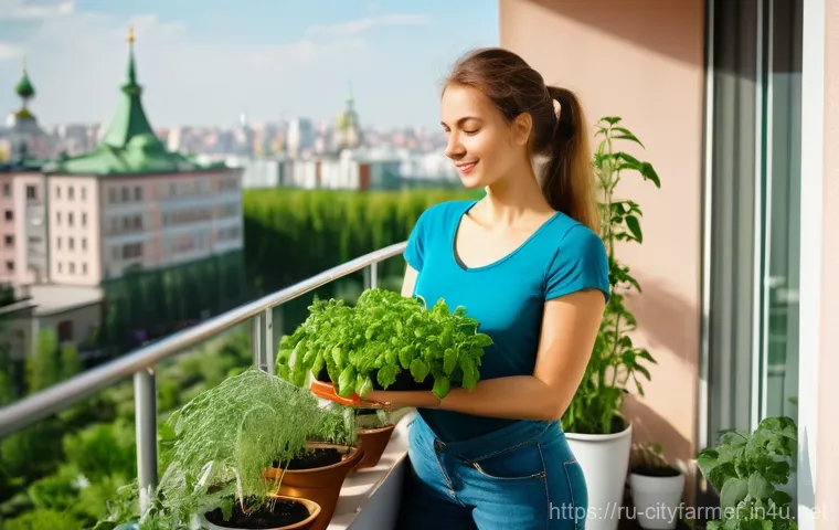 도시농업 자원 순환 경제 - A vibrant, sunny balcony garden in a contemporary Russian apartment building. A young woman, dressed...