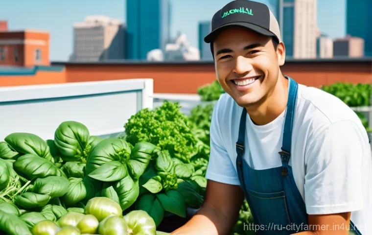 도시농업에서 농업 로봇의 활용 - **Urban Green Oasis: A Rooftop Farm in a Bustling City**
    A vibrant, thriving rooftop garden over...