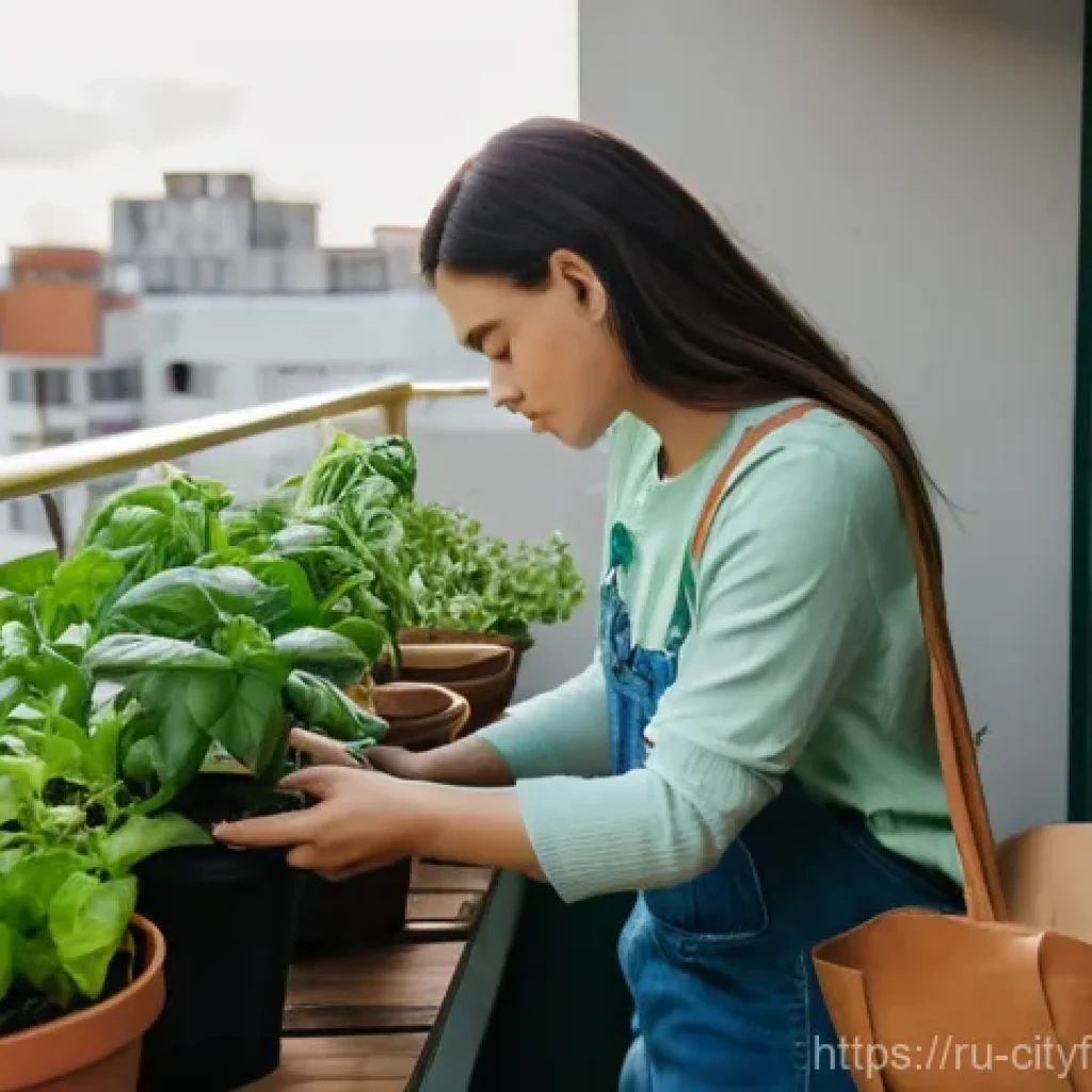 도시농업을 위한 양분 분석 - **Prompt:** A close-up shot of a small, vibrant urban balcony garden, with various potted plants, so...
