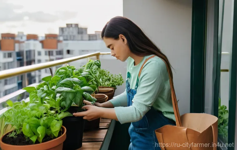 도시농업을 위한 양분 분석 - **Prompt:** A close-up shot of a small, vibrant urban balcony garden, with various potted plants, so...