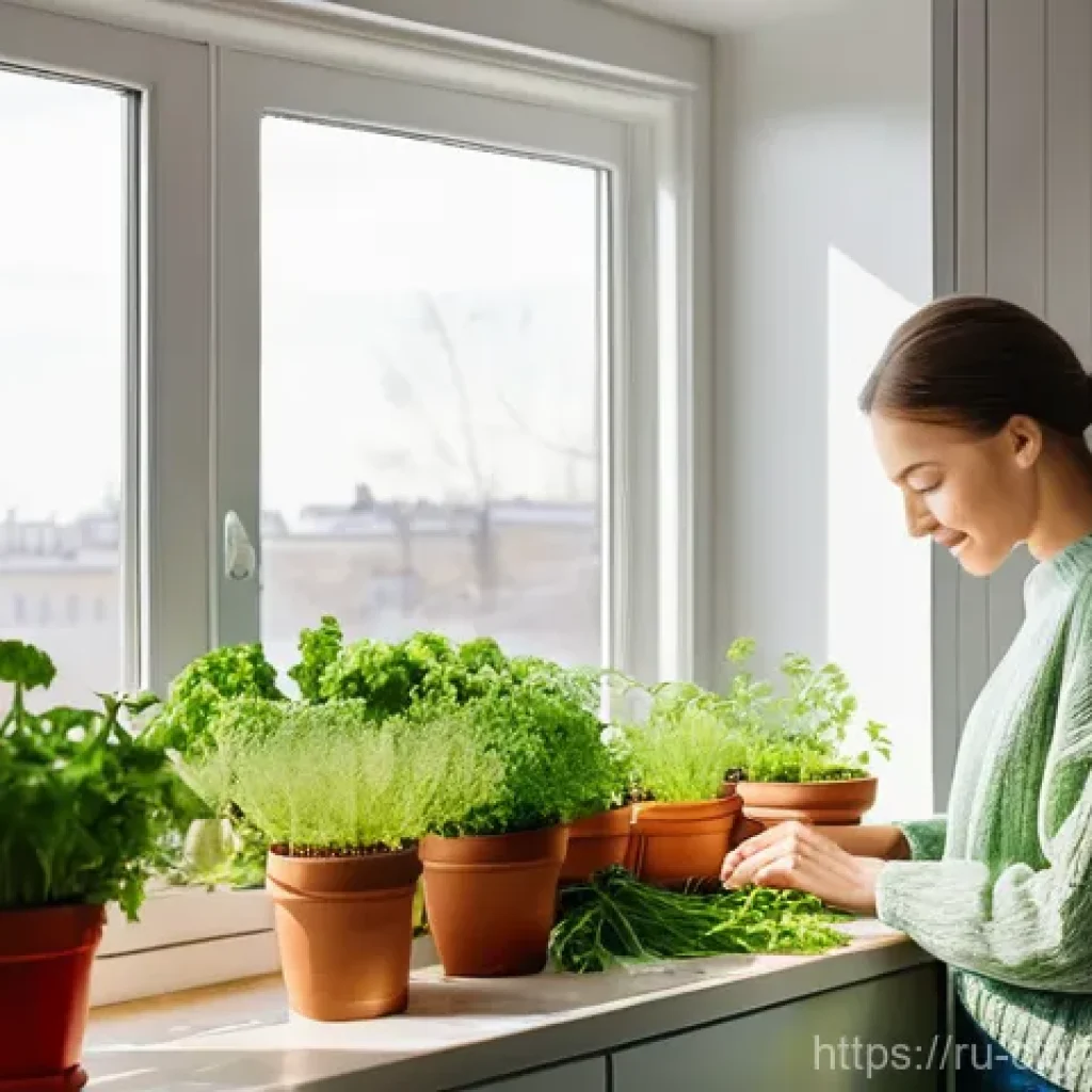도시농업 탄소 발자국 줄이기 - **Prompt:** A cozy, sunlit kitchen interior in a modern Russian apartment. A young woman, dressed in...