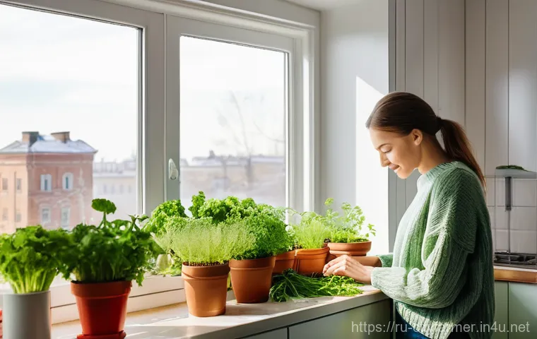 도시농업 탄소 발자국 줄이기 - **Prompt:** A cozy, sunlit kitchen interior in a modern Russian apartment. A young woman, dressed in...