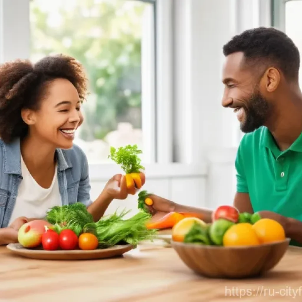도시농업을 위한 마케팅 전략 - A cheerful young family, including parents and a child around 2-3 years old, enjoying a meal prepare...