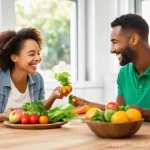 Home 13 도시농업을 위한 마케팅 전략 - A cheerful young family, including parents and a child around 2-3 years old, enjoying a meal prepare...