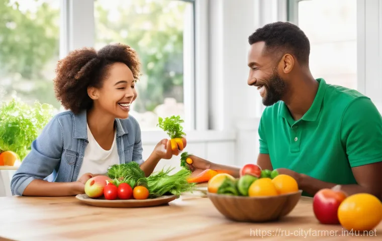 도시농업을 위한 마케팅 전략 - A cheerful young family, including parents and a child around 2-3 years old, enjoying a meal prepare...