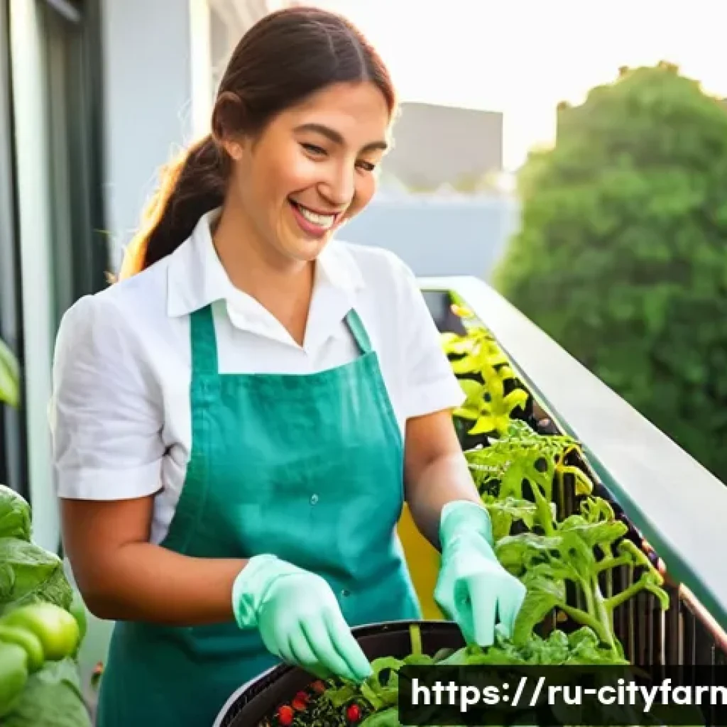 도시농업에서 사용하는 비료 종류 - **Prompt:** A vibrant and lush urban balcony garden, bursting with healthy, thriving plants under br...