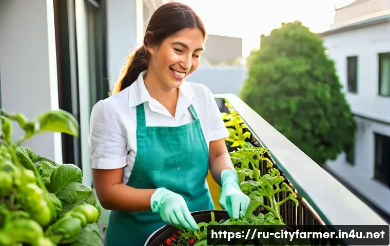 도시농업에서 사용하는 비료 종류 - **Prompt:** A vibrant and lush urban balcony garden, bursting with healthy, thriving plants under br...
