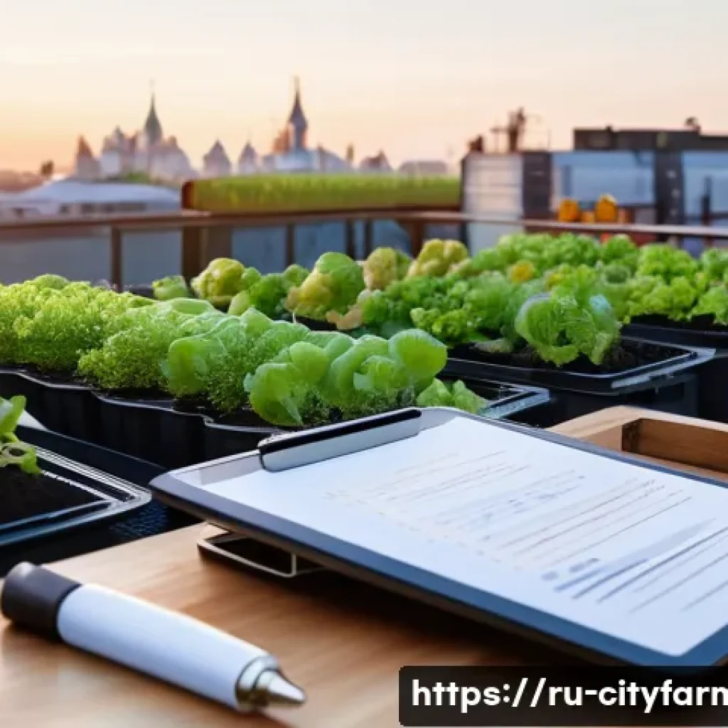 도시농업 유기농 인증 받는 법 - A detailed scene of an urban organic farm in Russia during early morning light, showing a small roof...