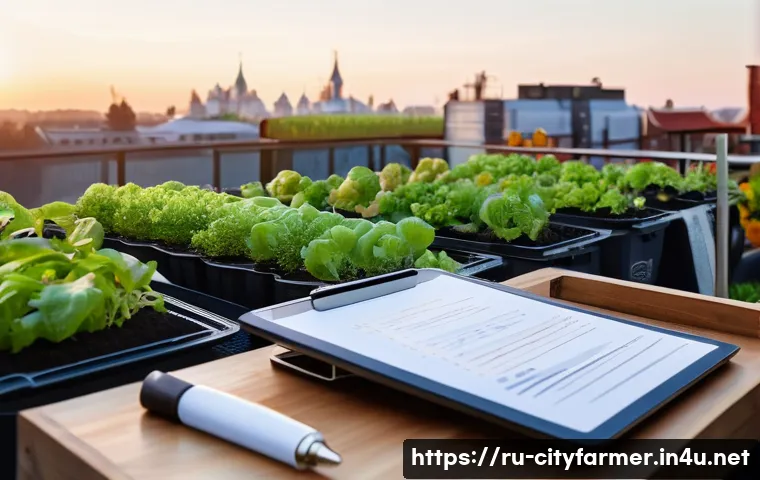 도시농업 유기농 인증 받는 법 - A detailed scene of an urban organic farm in Russia during early morning light, showing a small roof...