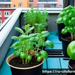 Home 22 도시농업 작물별 파종 시기 - A cozy urban balcony garden scene in early spring in a mid-sized Russian city, featuring various con...