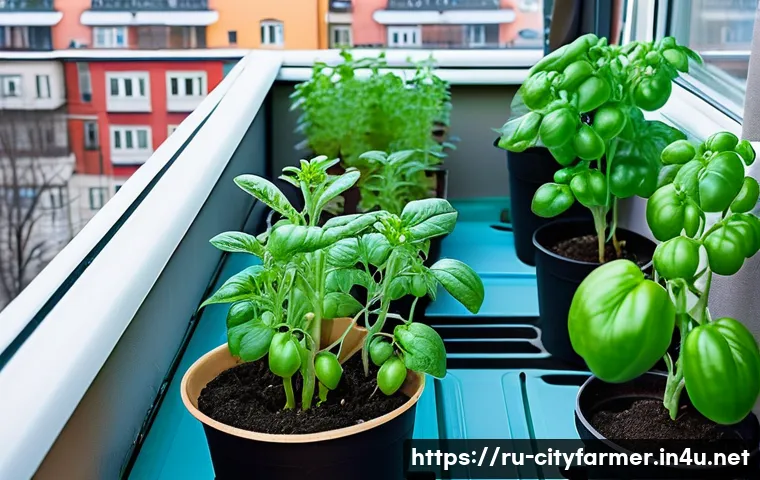 도시농업 작물별 파종 시기 - A cozy urban balcony garden scene in early spring in a mid-sized Russian city, featuring various con...