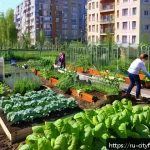 Home 21 도시농업과 지역사회 발전 - A vibrant urban community garden in a Russian city neighborhood during a sunny day, featuring divers...