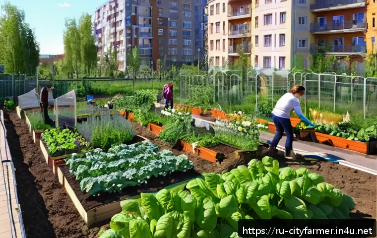 도시농업과 지역사회 발전 - A vibrant urban community garden in a Russian city neighborhood during a sunny day, featuring divers...