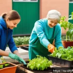 Home 20 도시농업 참여형 커뮤니티 만들기 - A vibrant urban community garden scene in a Russian city courtyard during spring, showing diverse pe...