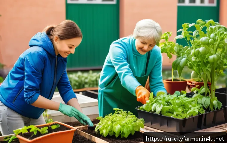 도시농업 참여형 커뮤니티 만들기 - A vibrant urban community garden scene in a Russian city courtyard during spring, showing diverse pe...
