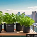 Home 19 도시농업과 로컬 푸드 네트워크 - A vibrant urban balcony garden scene in a modern Russian apartment, showcasing lush green basil, par...
