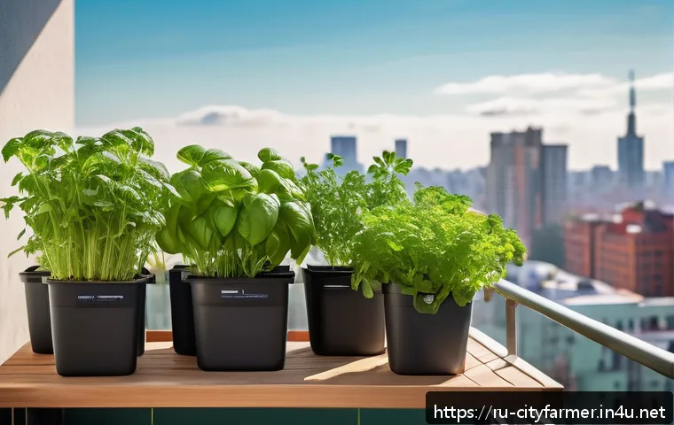 도시농업과 로컬 푸드 네트워크 - A vibrant urban balcony garden scene in a modern Russian apartment, showcasing lush green basil, par...