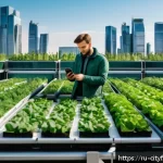 Home 18 도시농업의 식품 안전성 문제 - A modern urban rooftop greenhouse in Moscow, featuring sleek glass panels and advanced IoT sensors v...