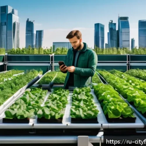 Home 30 도시농업의 식품 안전성 문제 - A modern urban rooftop greenhouse in Moscow, featuring sleek glass panels and advanced IoT sensors v...