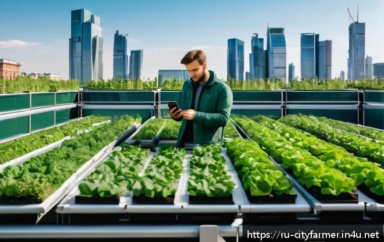 도시농업의 식품 안전성 문제 - A modern urban rooftop greenhouse in Moscow, featuring sleek glass panels and advanced IoT sensors v...