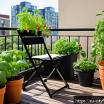 Home 23 도시농업 아파트 내 실내 텃밭 만들기 - A cozy urban balcony garden scene on a bright southern-facing balcony with multiple medium-sized cer...