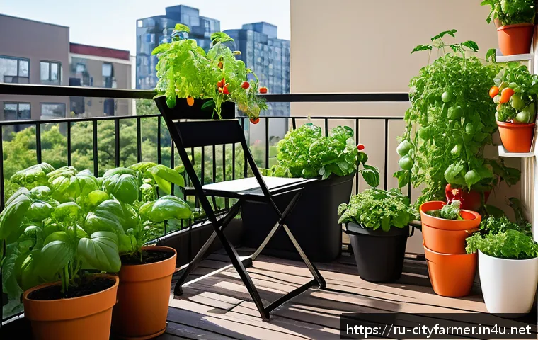 도시농업 아파트 내 실내 텃밭 만들기 - A cozy urban balcony garden scene on a bright southern-facing balcony with multiple medium-sized cer...