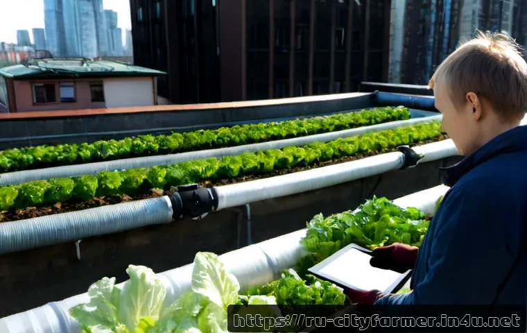 Home 17 도시농업과 스마트 농업 - Photorealistic rooftop urban farm in a modern Russian city at early morning, orderly raised beds of ...